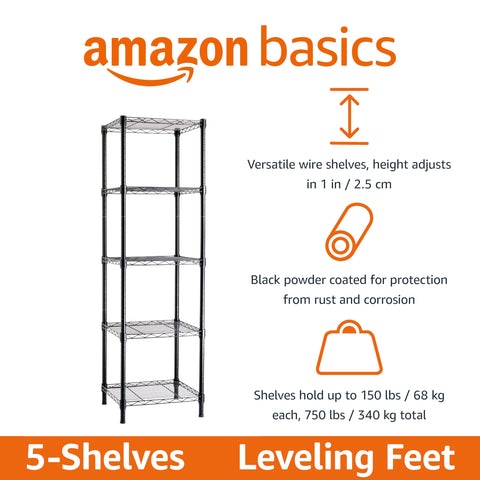 Amazon Basics 5-Shelf Tower with adjustable shelves for flexible spacing