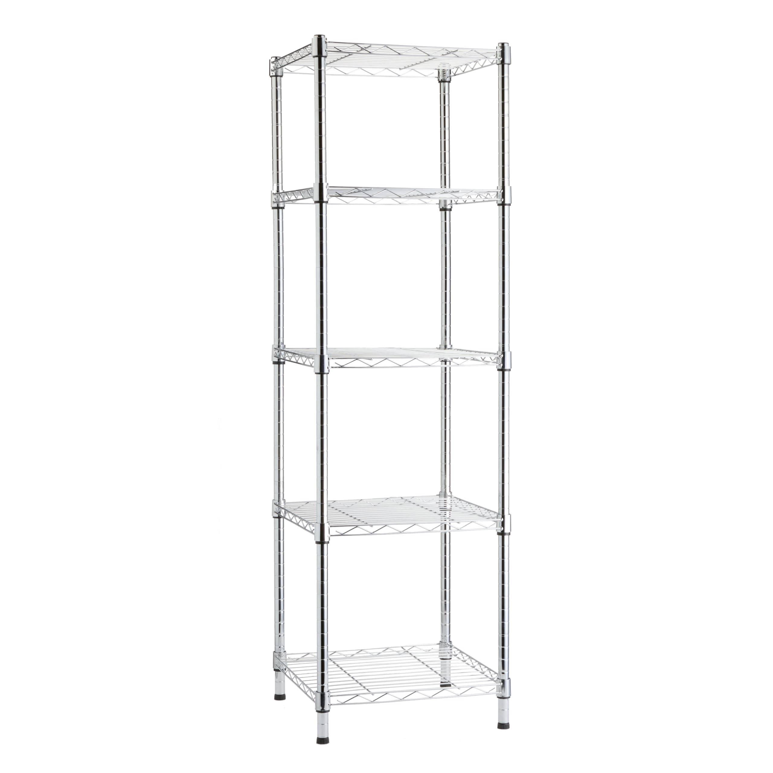 Amazon Basics 5-Shelf Tower Chrome Shelving Unit shown in full view, ideal for corner storage in small rooms.