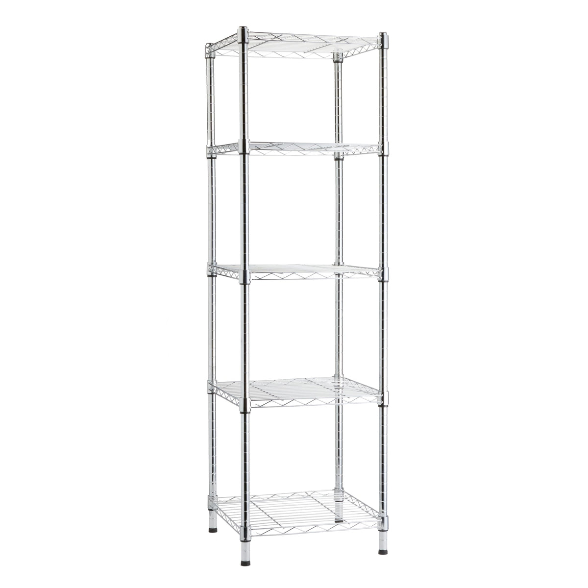 Amazon Basics 5-Shelf Tower Chrome Shelving Unit shown in full view, ideal for corner storage in small rooms.