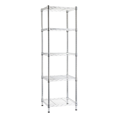 Amazon Basics 5-Shelf Tower Chrome Shelving Unit shown in full view, ideal for corner storage in small rooms.