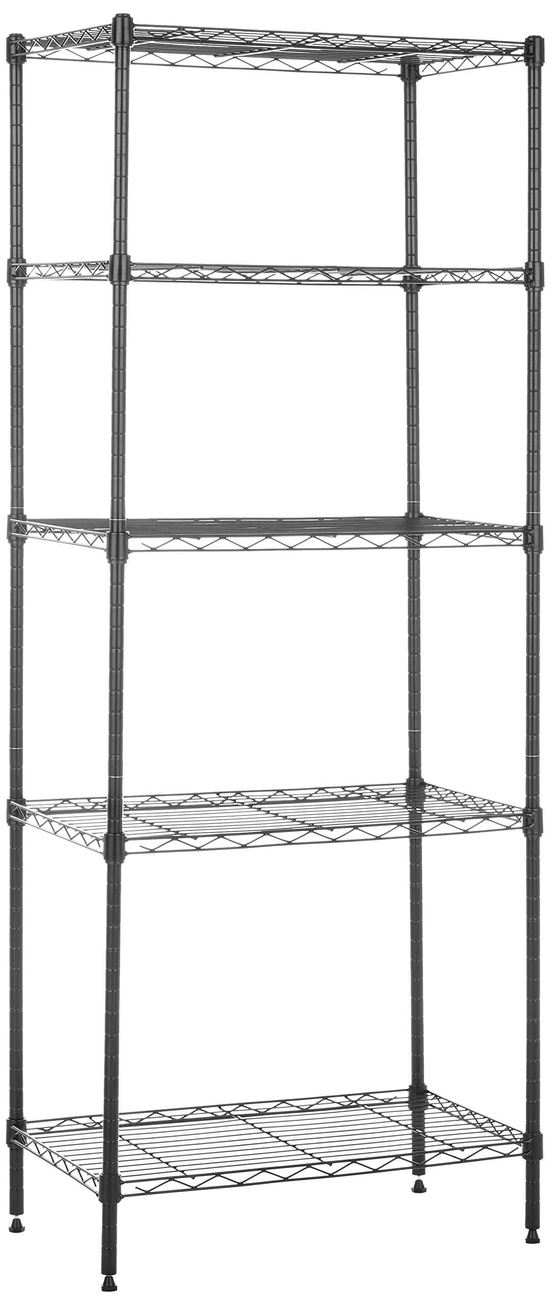 Amazon Basics 5-shelf unit front view showing sturdy steel frame for organized storage