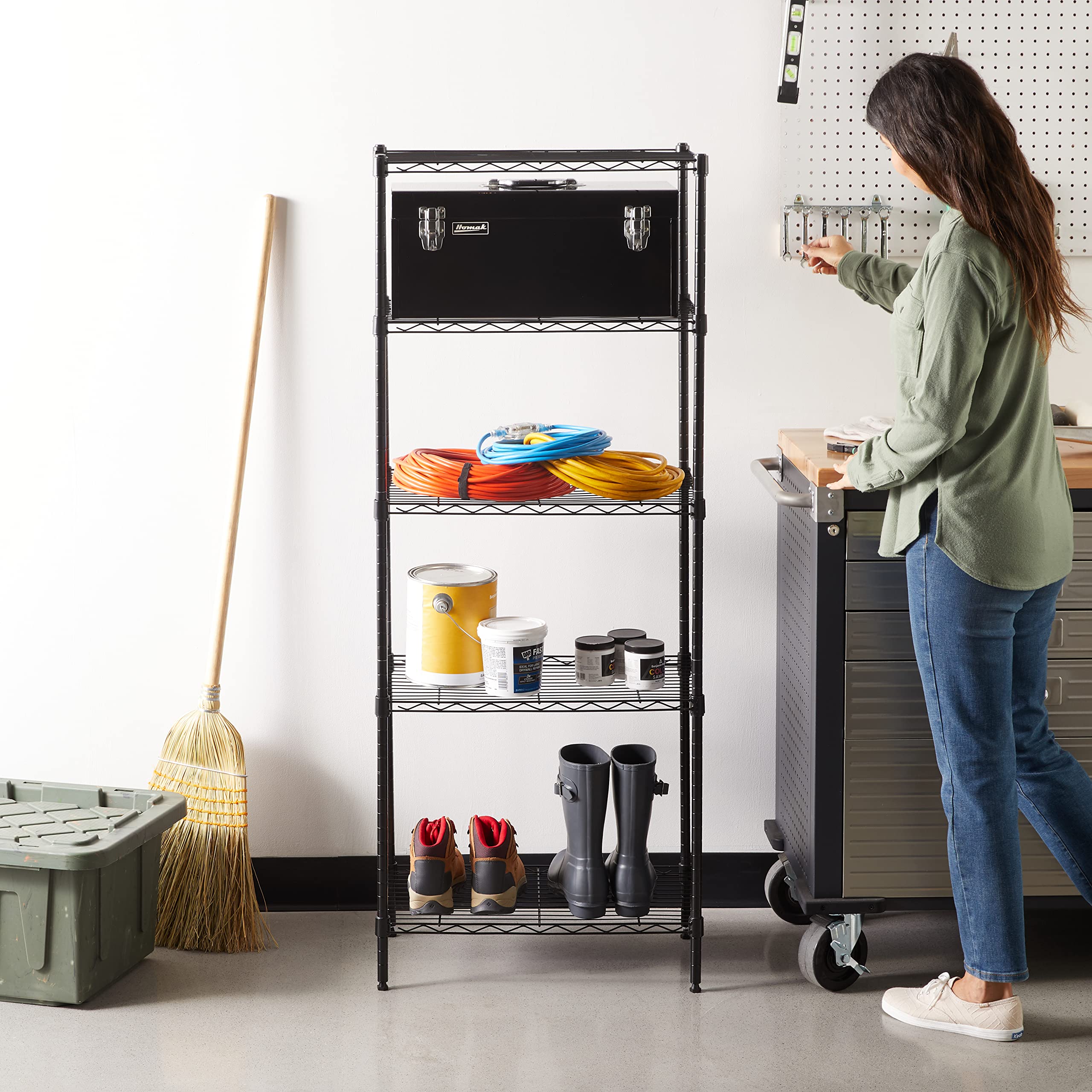 Amazon Basics 5-shelf unit side view highlighting slim profile for compact spaces