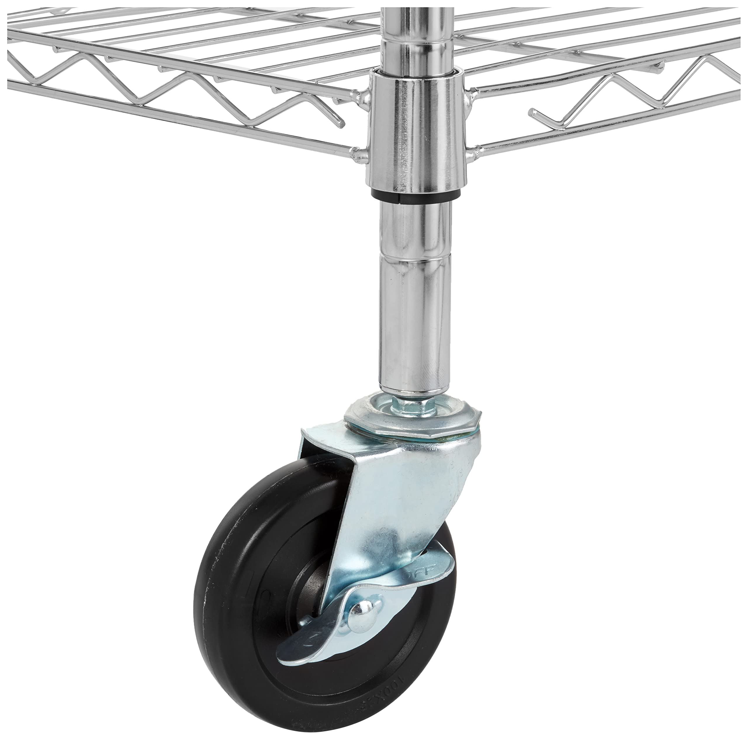Amazon Basics 5-shelf rack casters detail demonstrates mobility on wheels for easy rearrangement