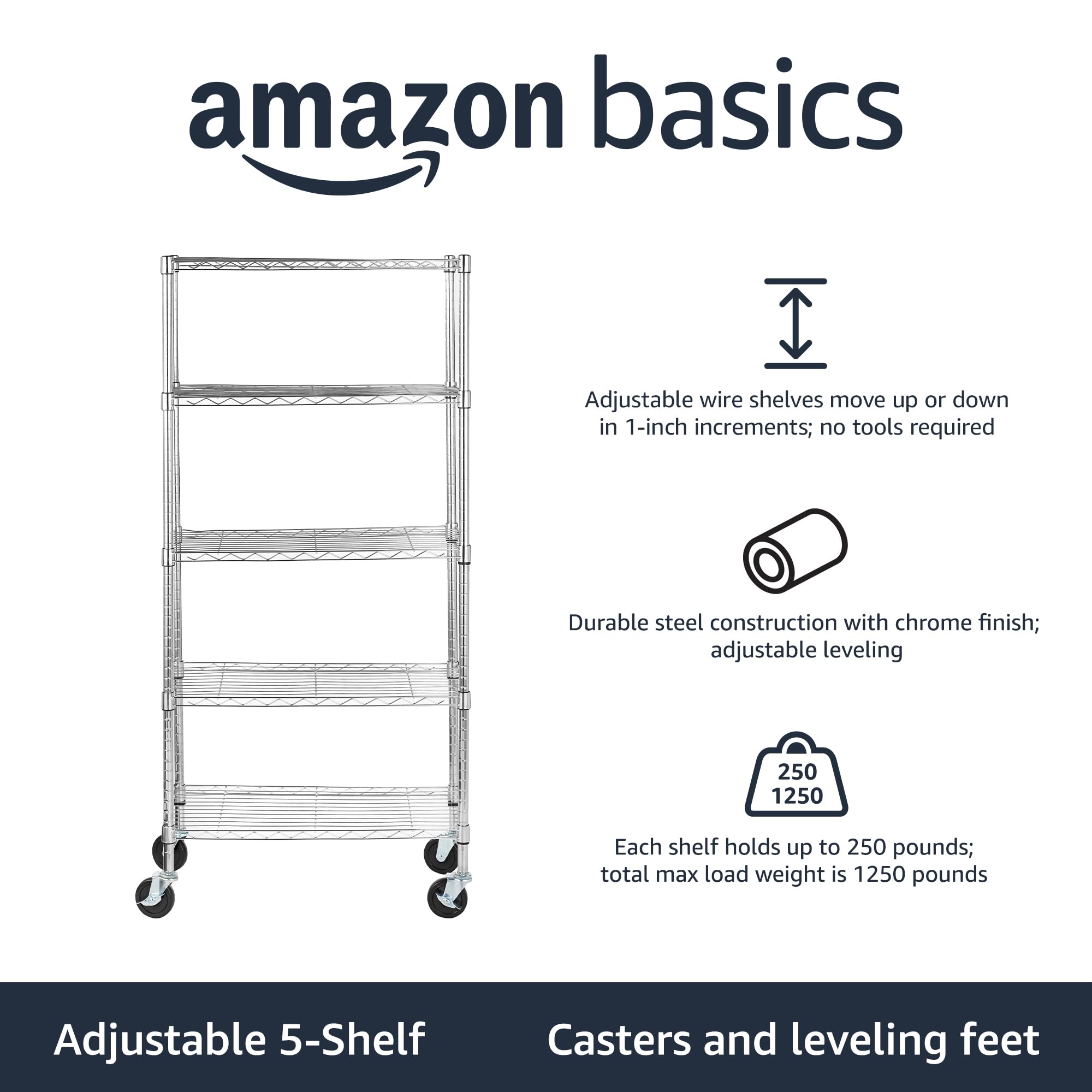 Amazon Basics 5-shelf wire rack side view highlighting chrome finish and sturdy construction