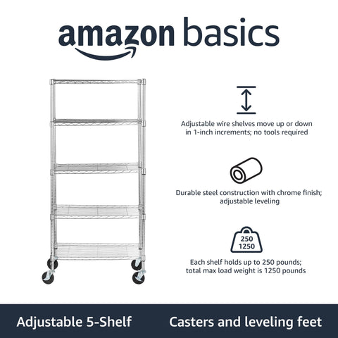 Amazon Basics 5-shelf wire rack side view highlighting chrome finish and sturdy construction