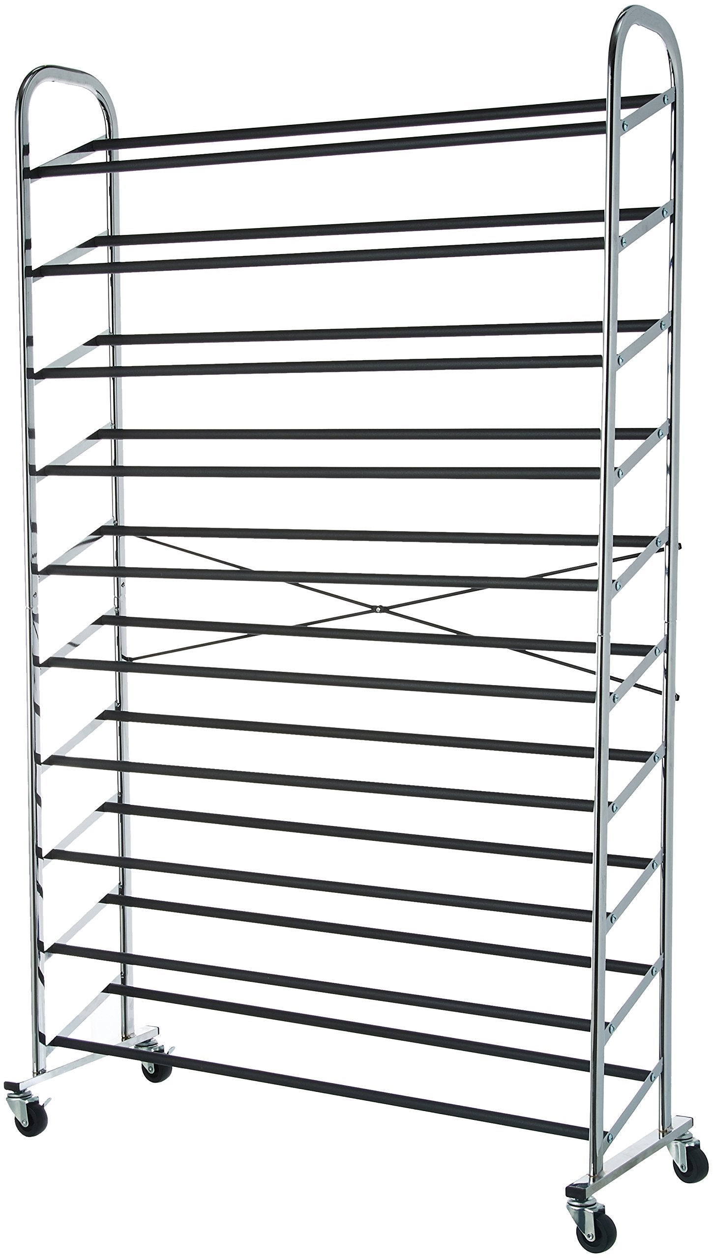 Amazon Basics 50-Pair shoe rack front view highlights chrome metal finish and ample storage.