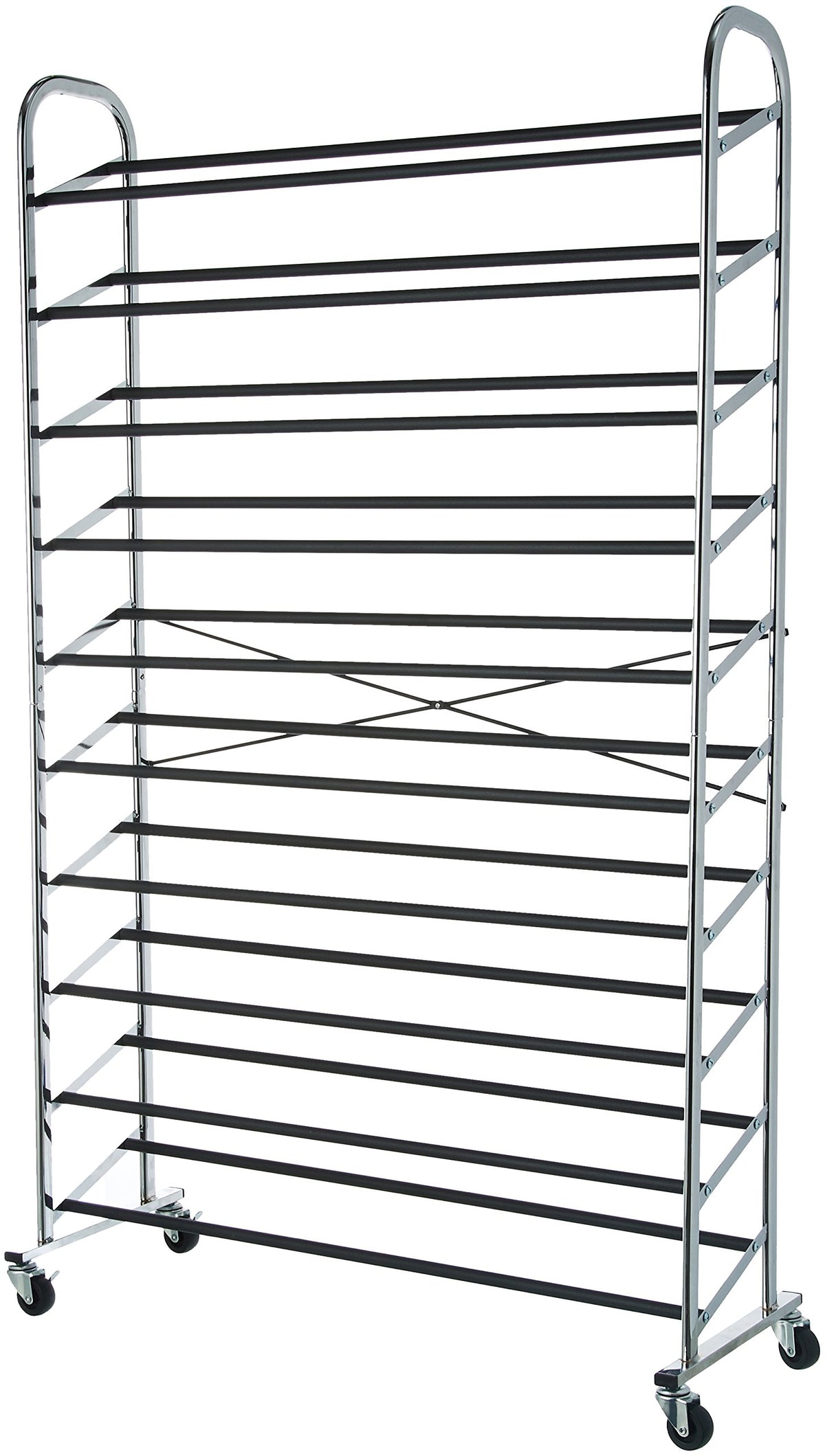 Amazon Basics 50-Pair shoe rack front view highlights chrome metal finish and ample storage.