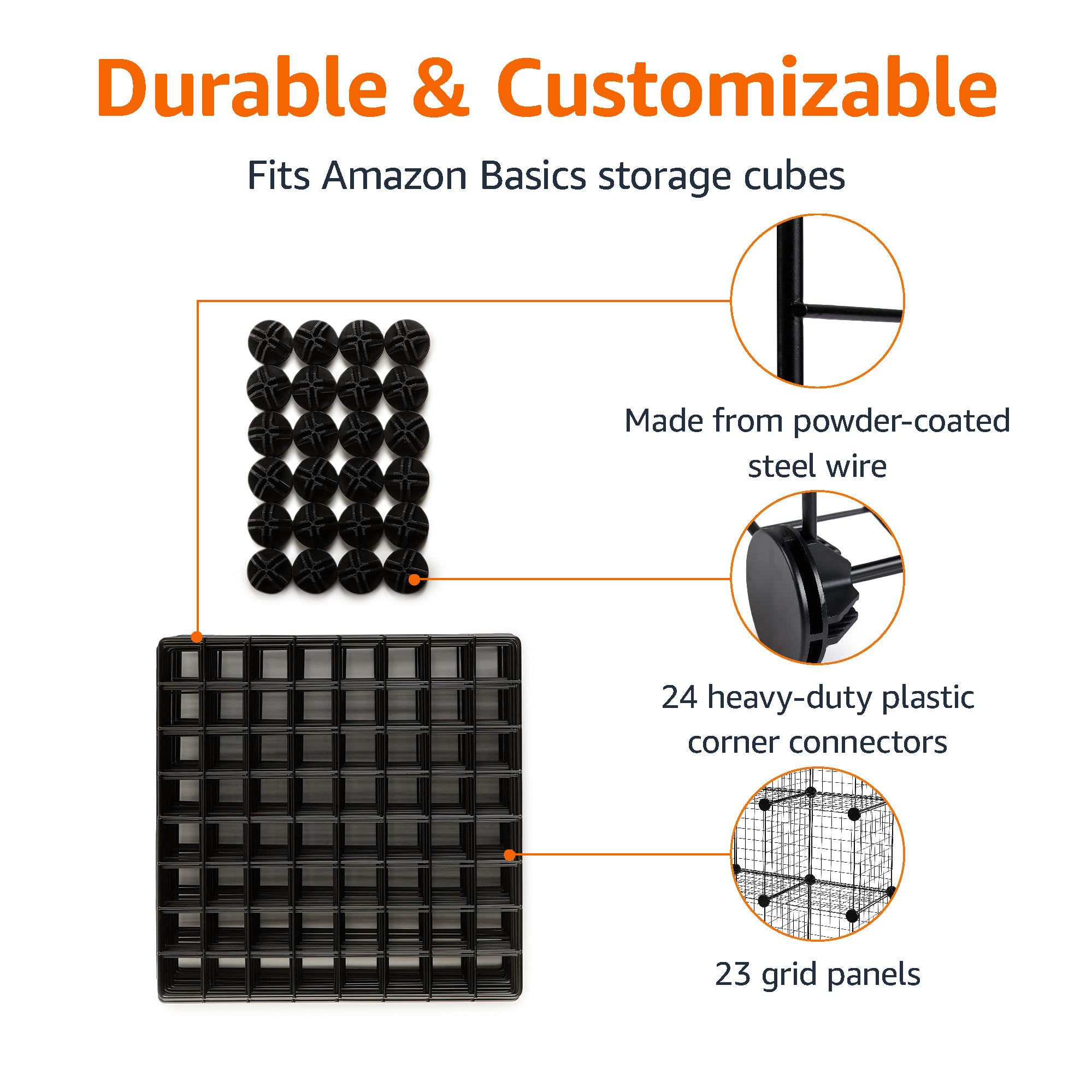 Amazon Basics stackable wire grid shelves arranged vertically show compact space-saving organization.