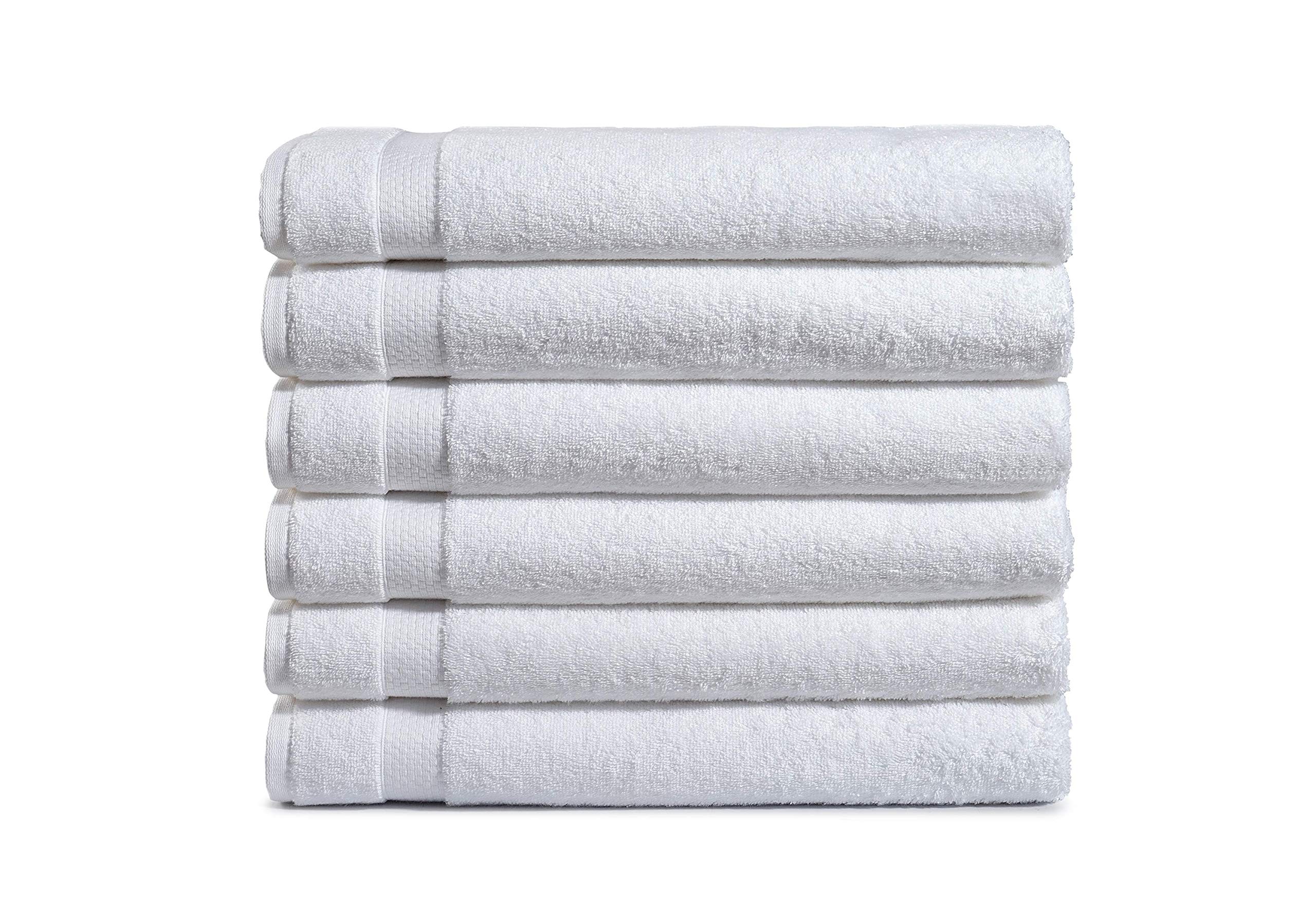 Amazon Basics 6-pack bath towels folded, showing premium cotton softness.