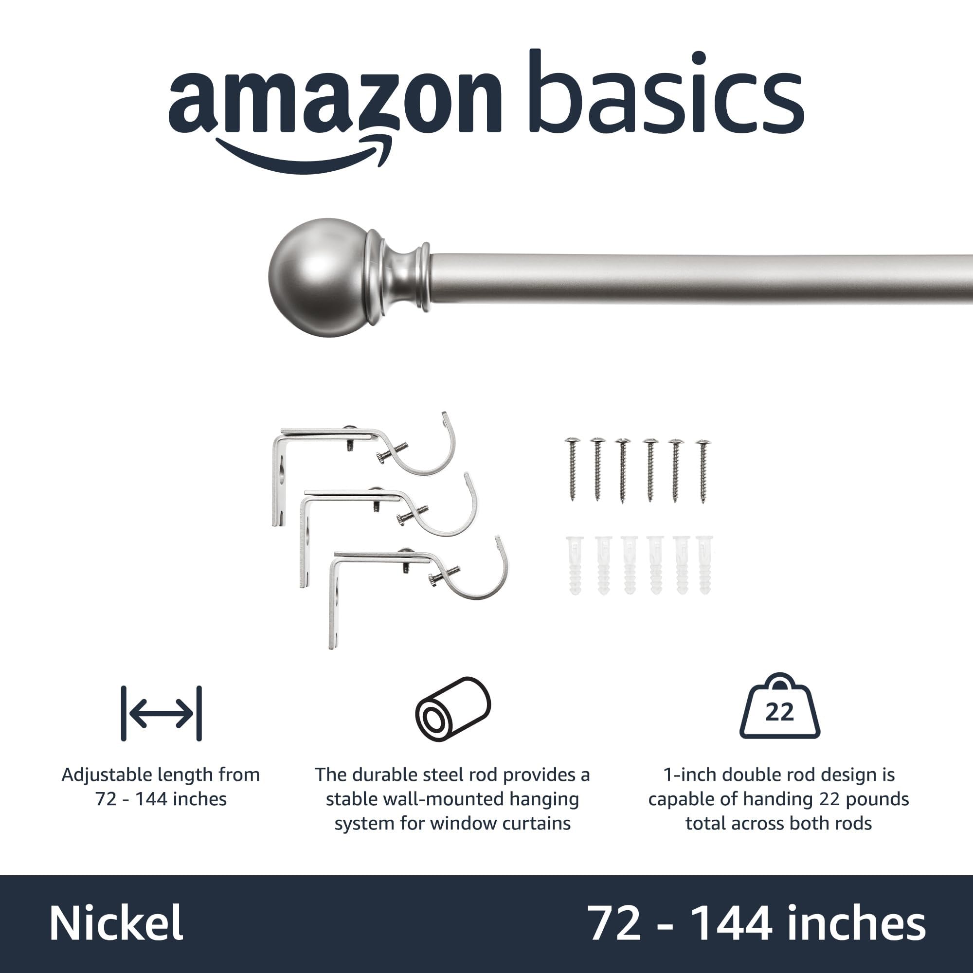 Amazon Basics adjustable curtain rod extended to 72-144 inches, nickel finish