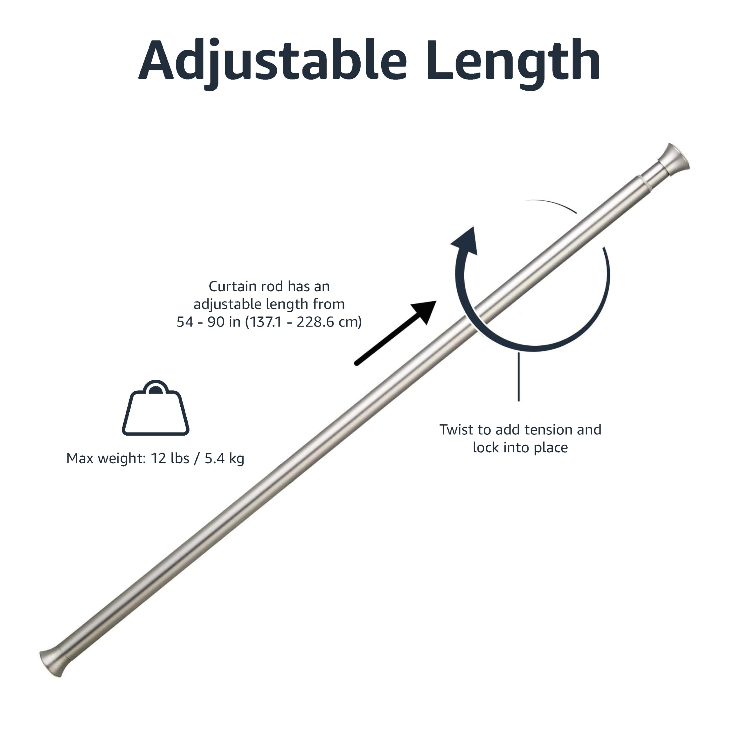 Amazon Basics adjustable curtain rod twists to tension for versatile 54-90 inch fit.