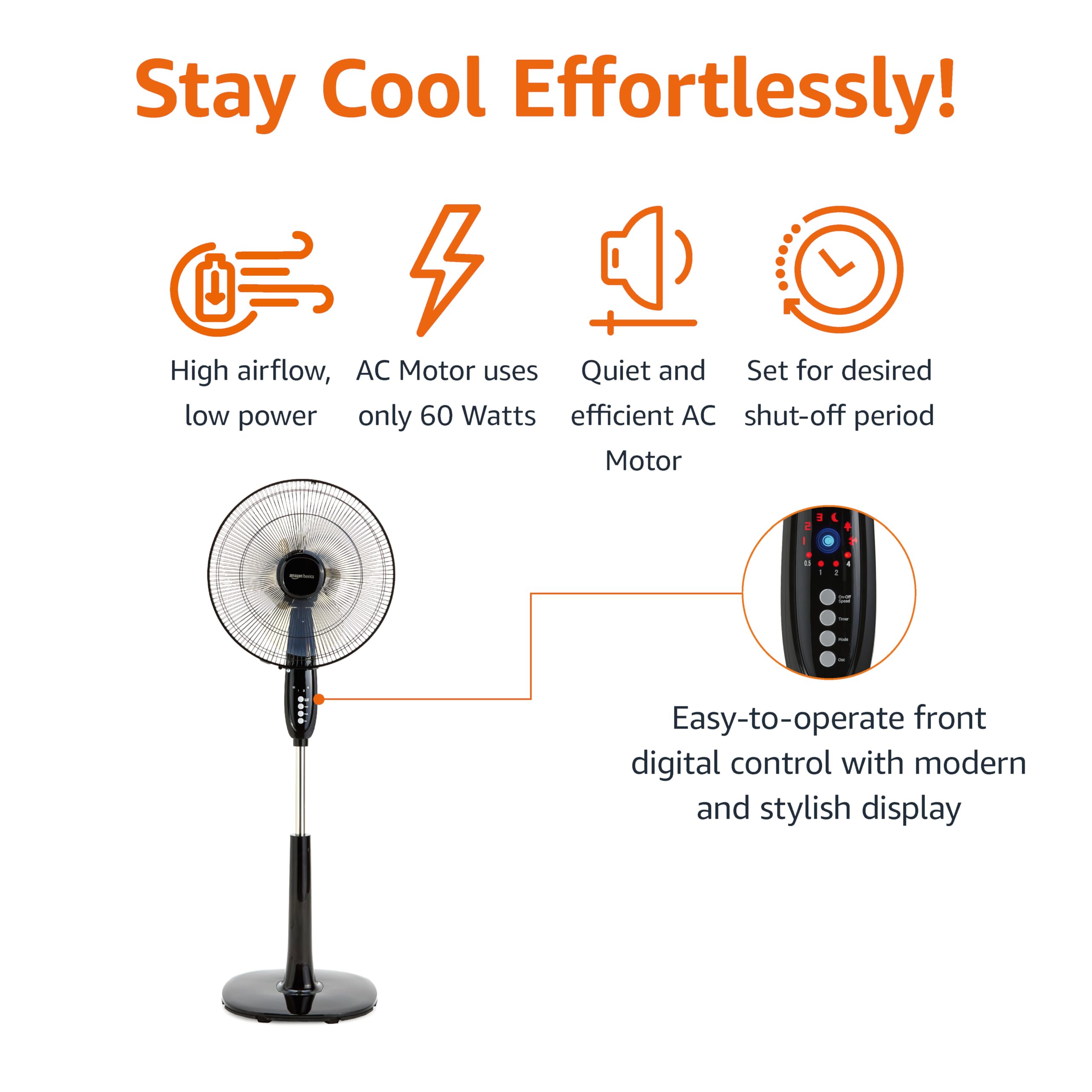 Amazon Basics adjustable-height pedestal fan tilts to direct airflow precisely