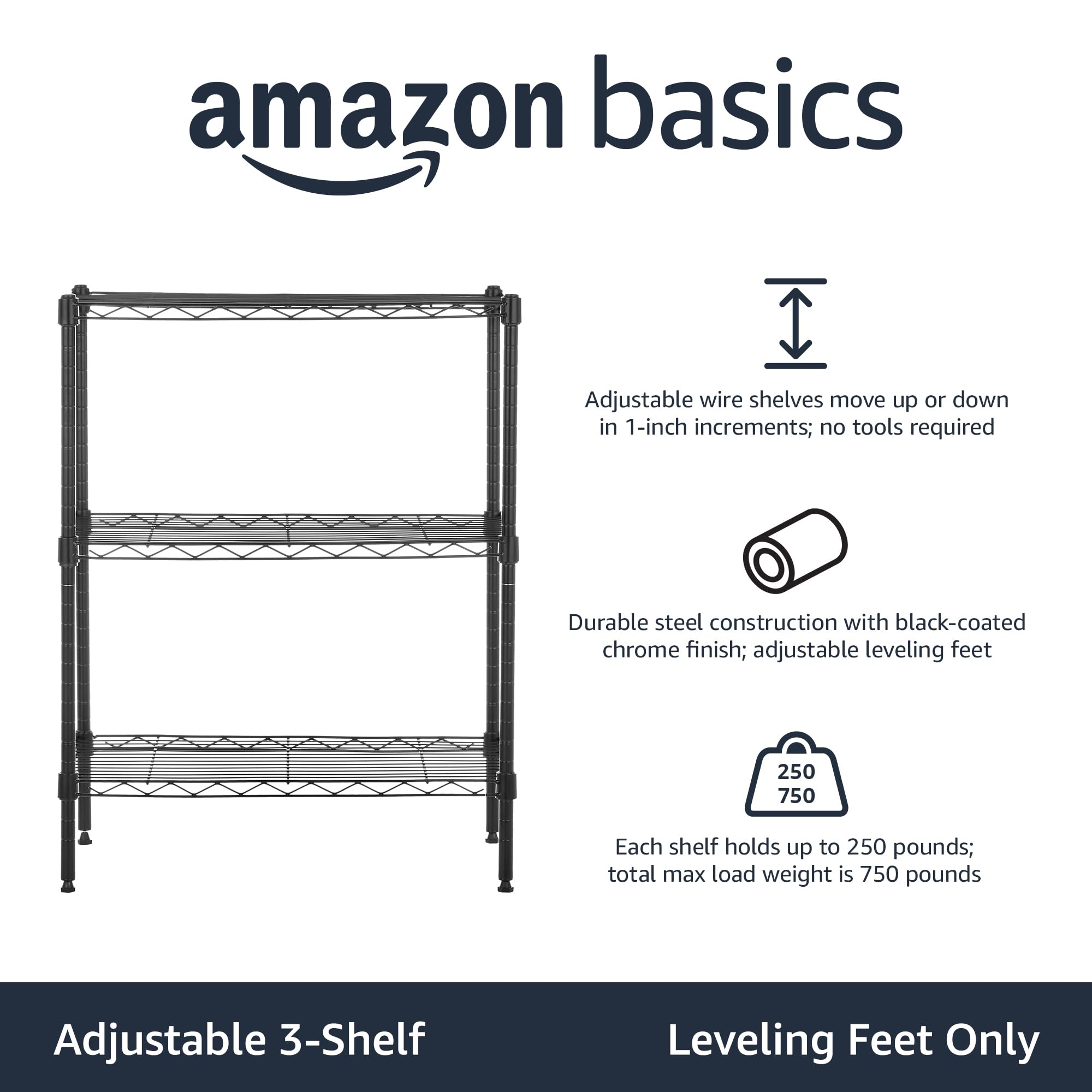 Amazon Basics adjustable shelves in 1-inch increments enable tailored storage.