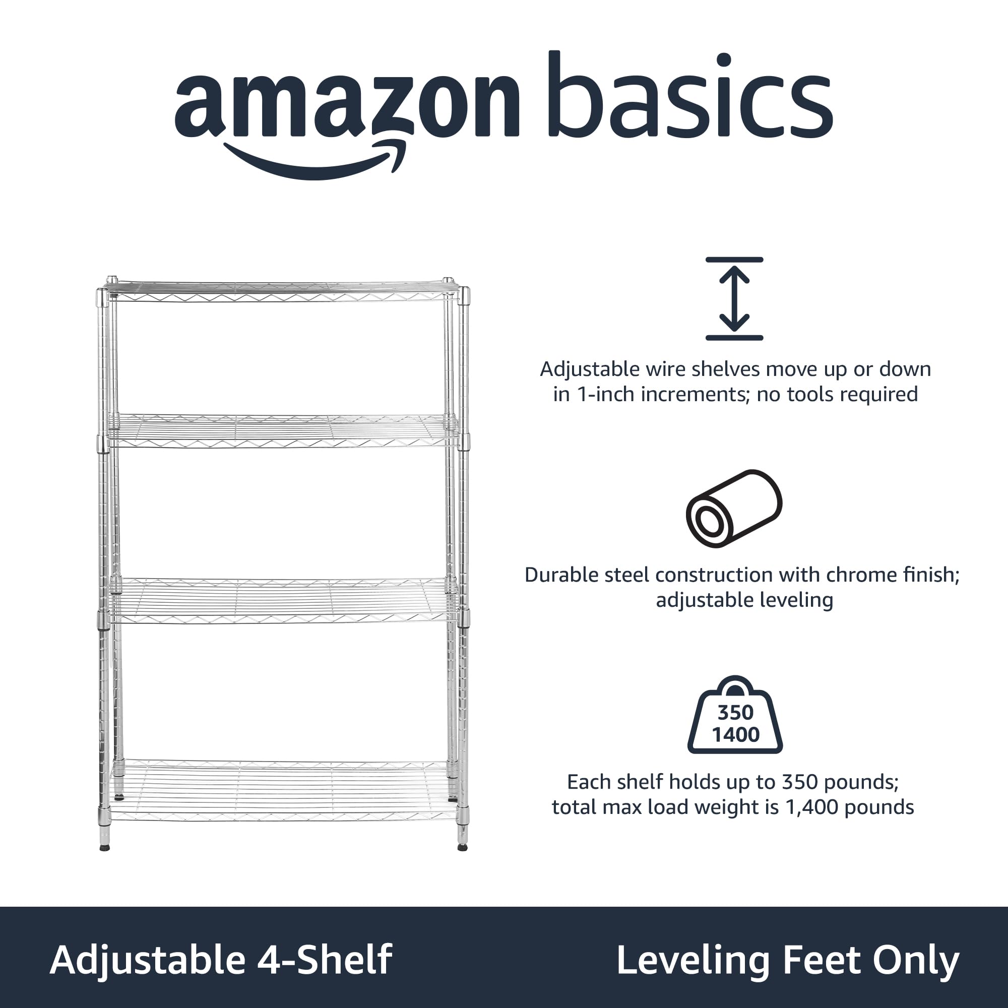 Amazon Basics adjustable shelves in 1-inch increments for flexible kitchen organization.
