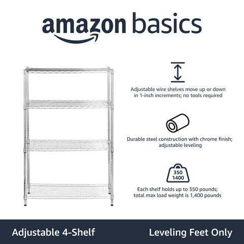 Amazon Basics adjustable shelves in 1-inch increments for flexible kitchen organization.
