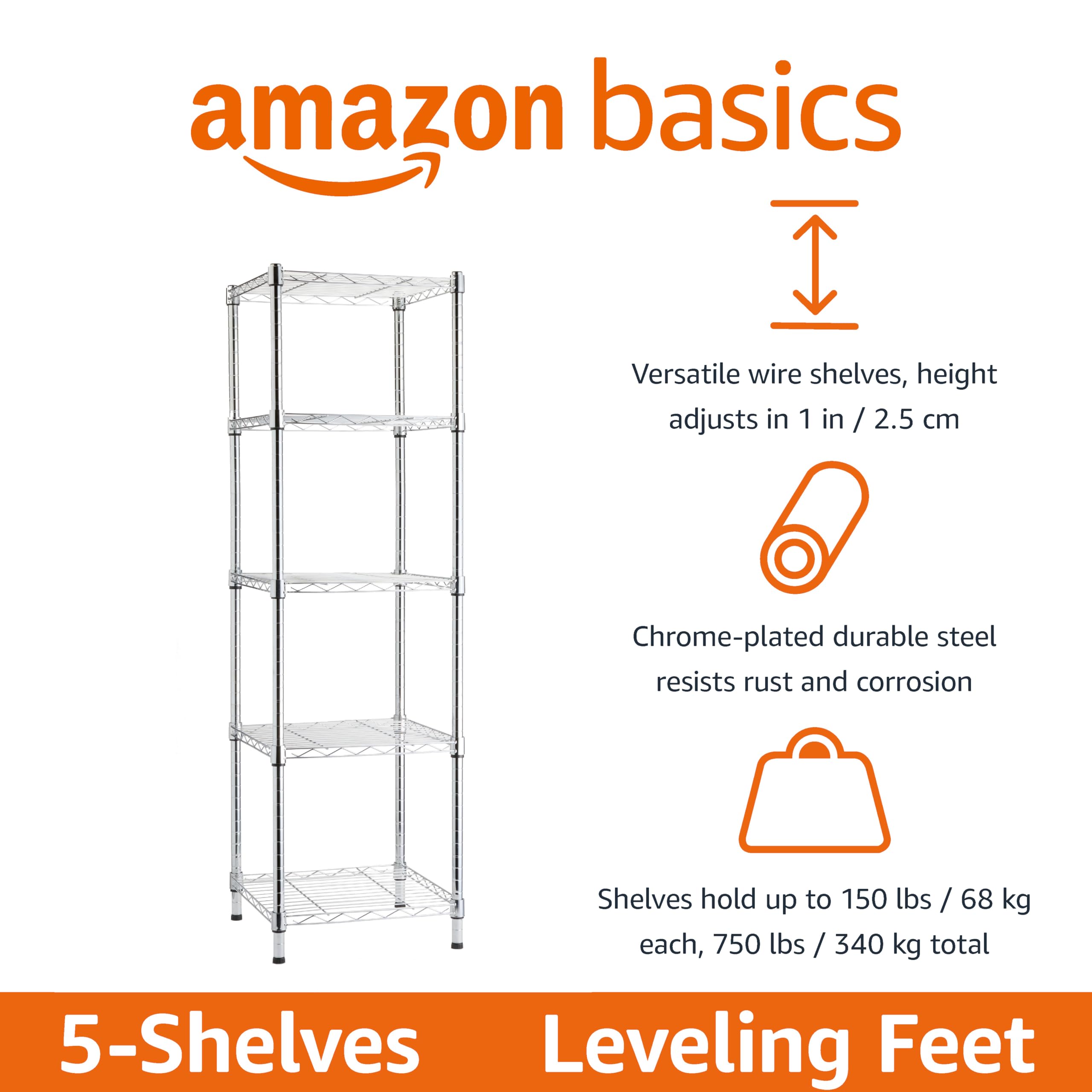 Amazon Basics adjustable shelves on chrome unit enable flexible organization in kitchens and garages.