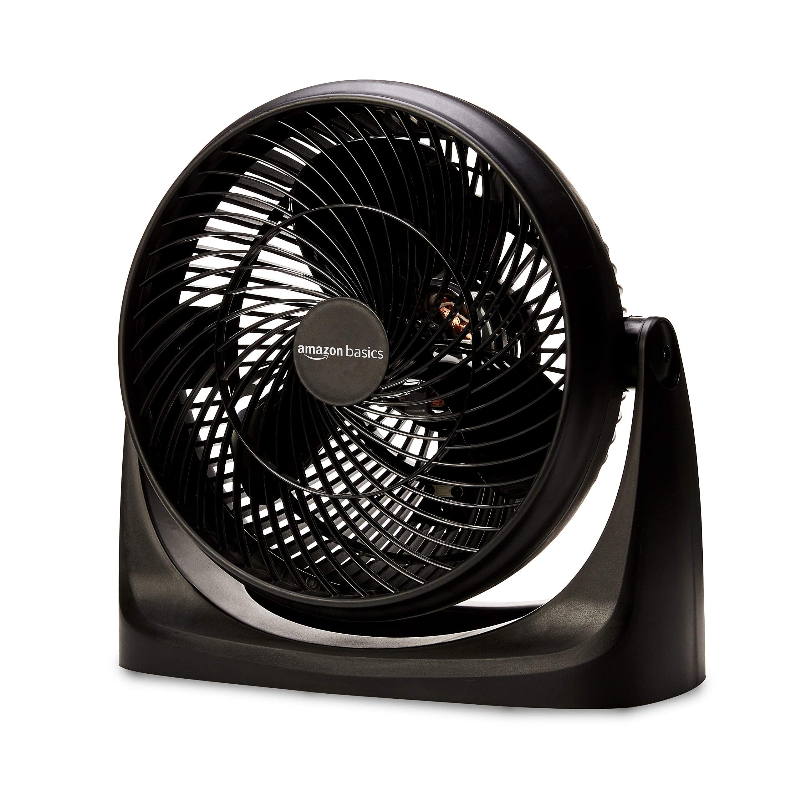 Amazon Basics air circulator fan front view shows compact desk-friendly design