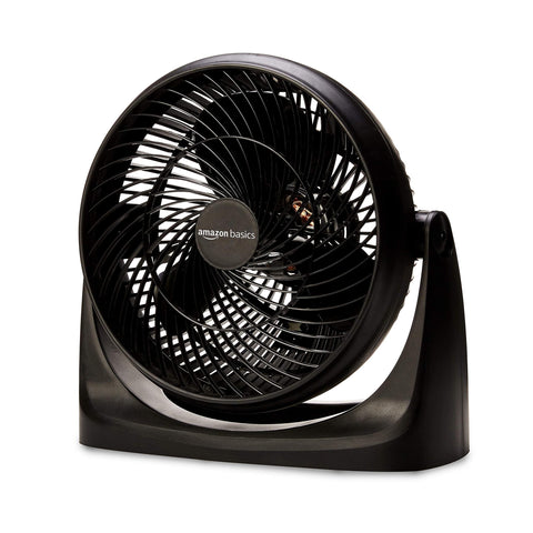 Amazon Basics air circulator fan front view shows compact desk-friendly design