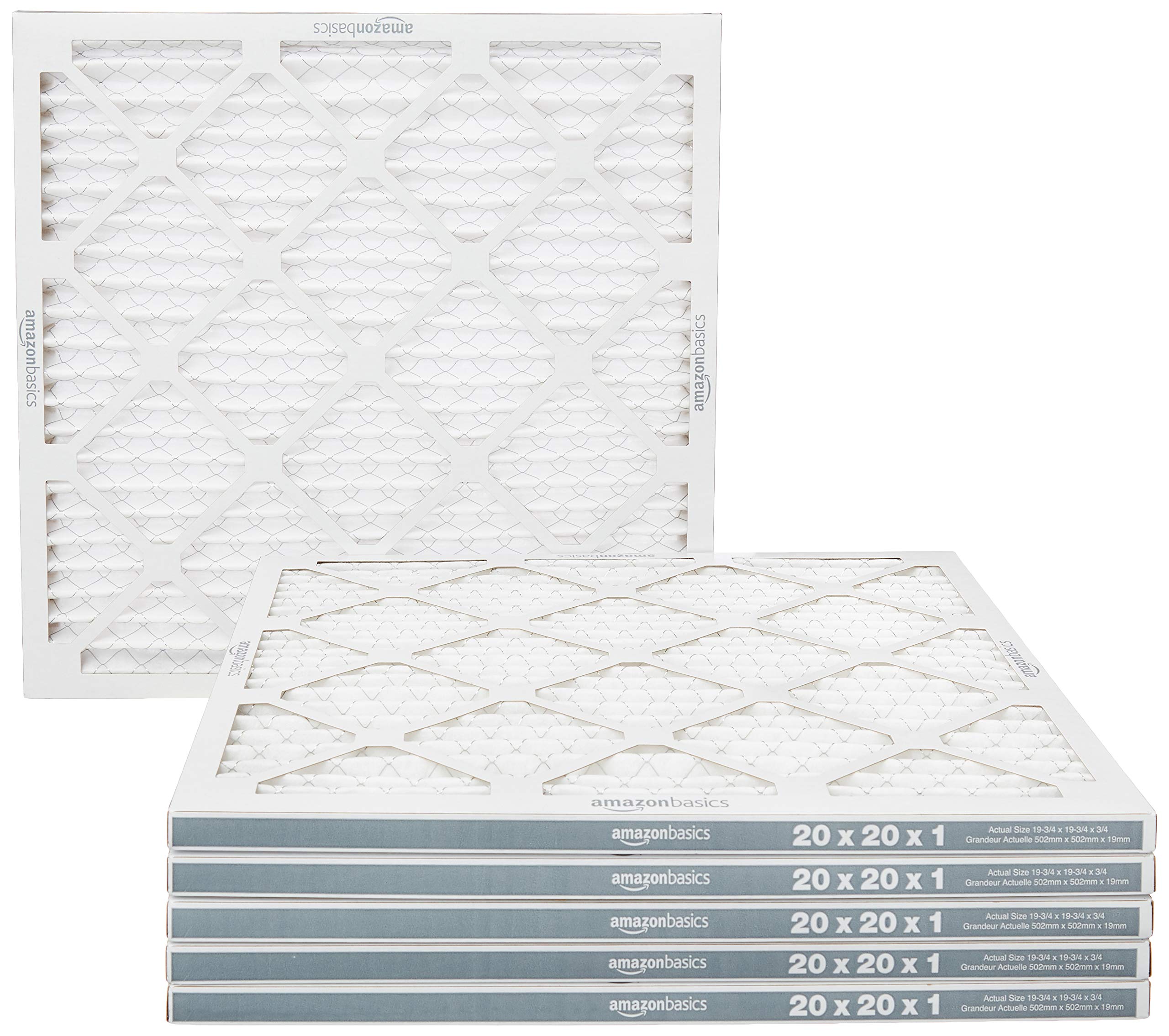 Amazon Basics air filter front view, 20x20x1, designed for cleaner indoor air