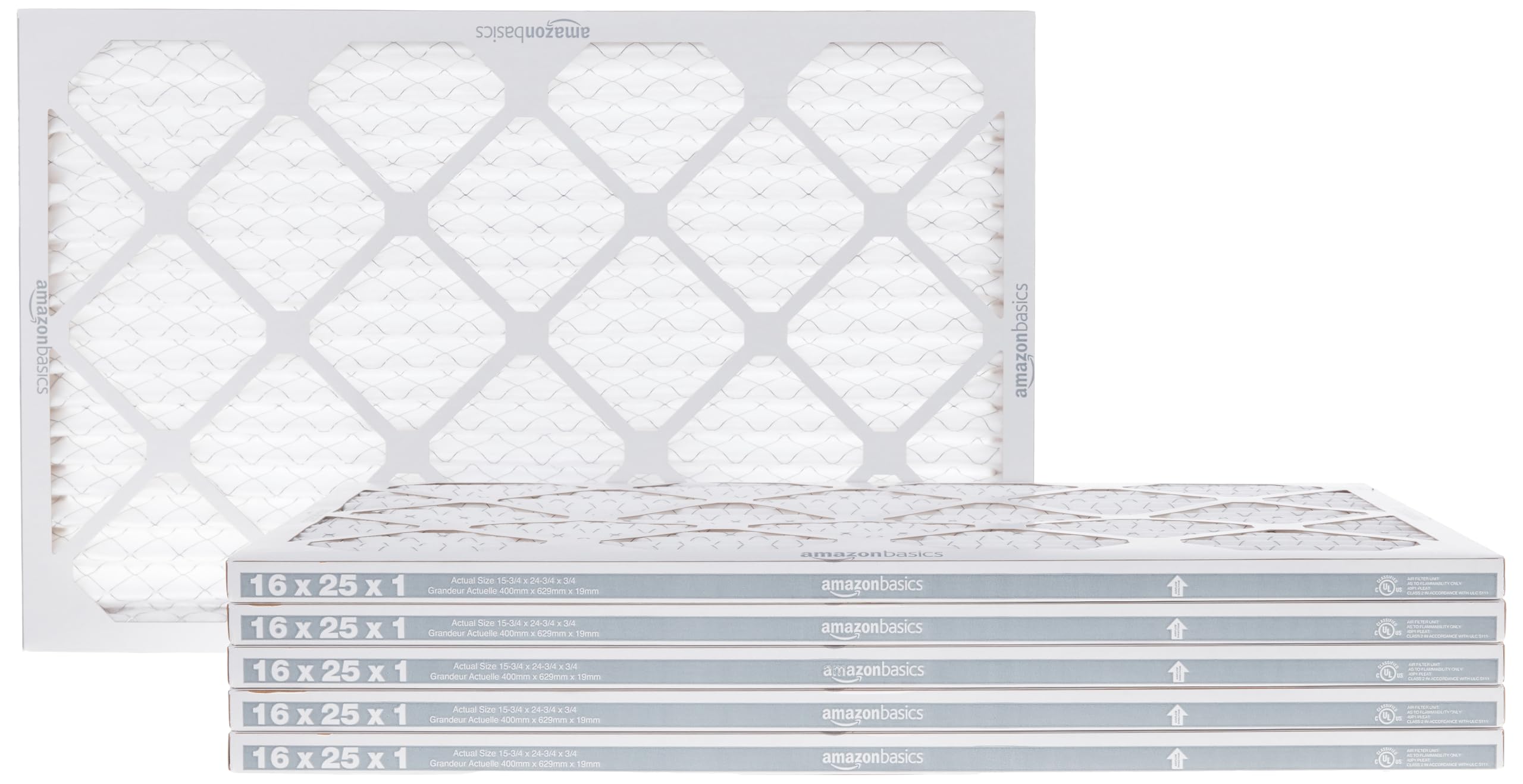 Amazon Basics air filter 6-pack front view showing the durable frame and packaging