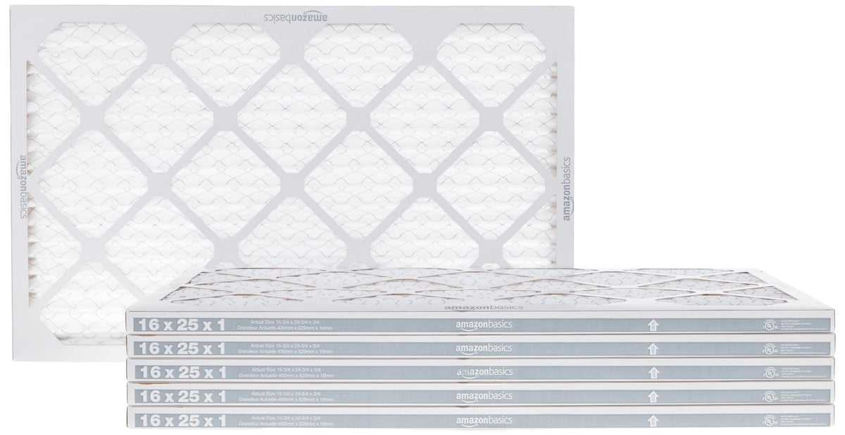 Amazon Basics air filter 6-pack front view showing the durable frame and packaging