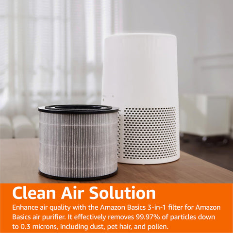 Amazon Basics replacement filter packaging ready for quick installation.