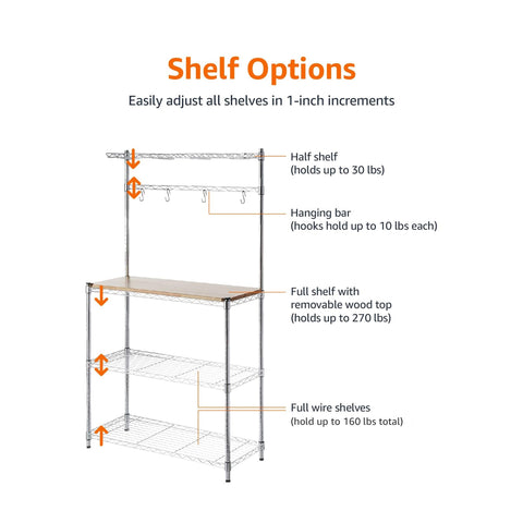 Amazon Basics baker rack side view shows wire shelves and wood countertop for versatile storage