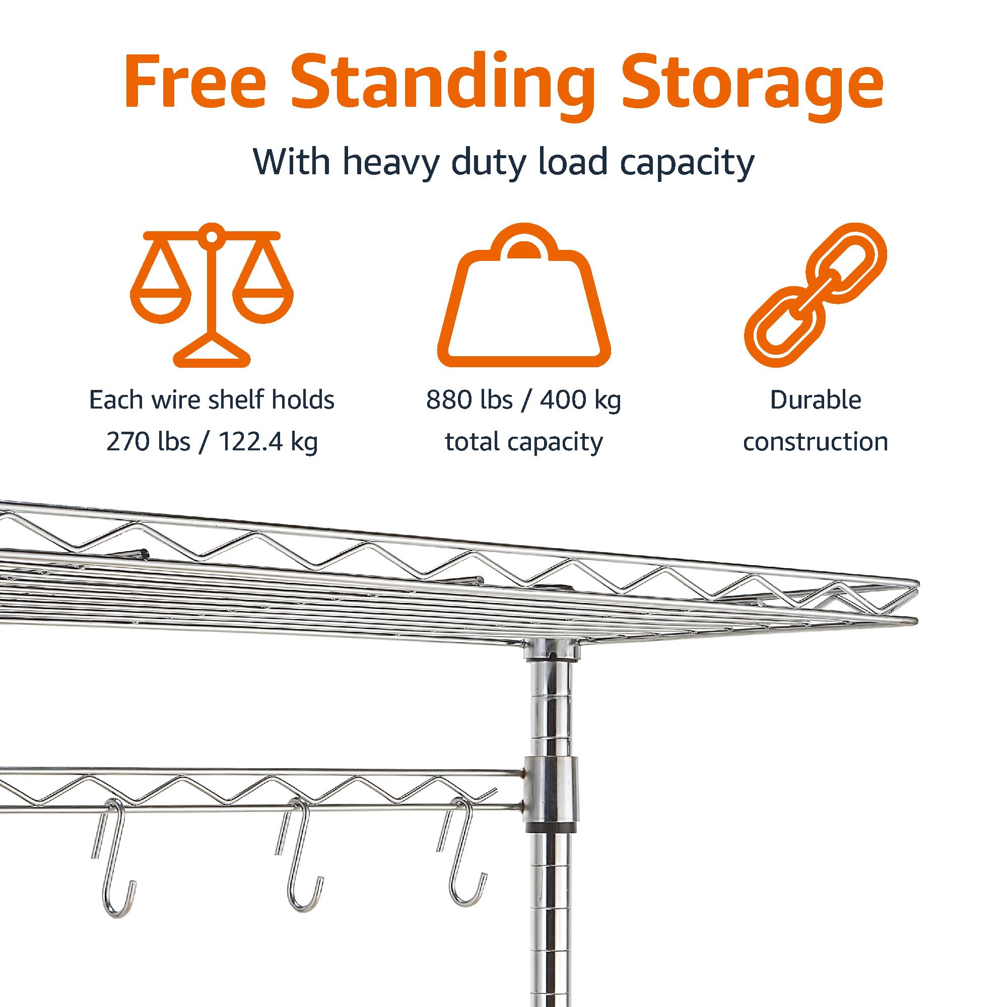 Amazon Basics adjustable-shelves design enables flexible organization of cookware and pantry items.