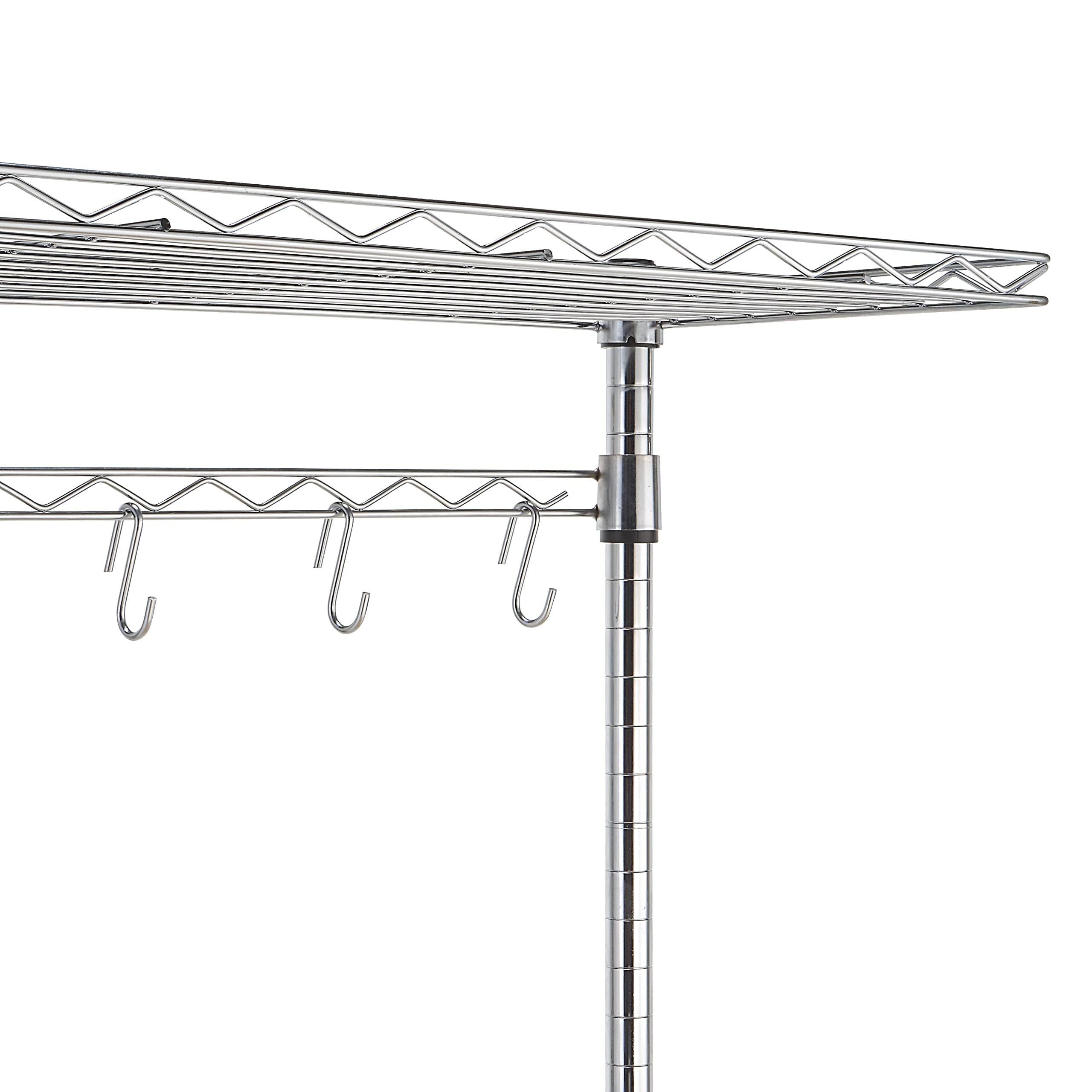 Amazon Basics chrome frame rack keeps pots, pans, and bottles within reach.