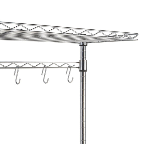 Amazon Basics chrome frame rack keeps pots, pans, and bottles within reach.