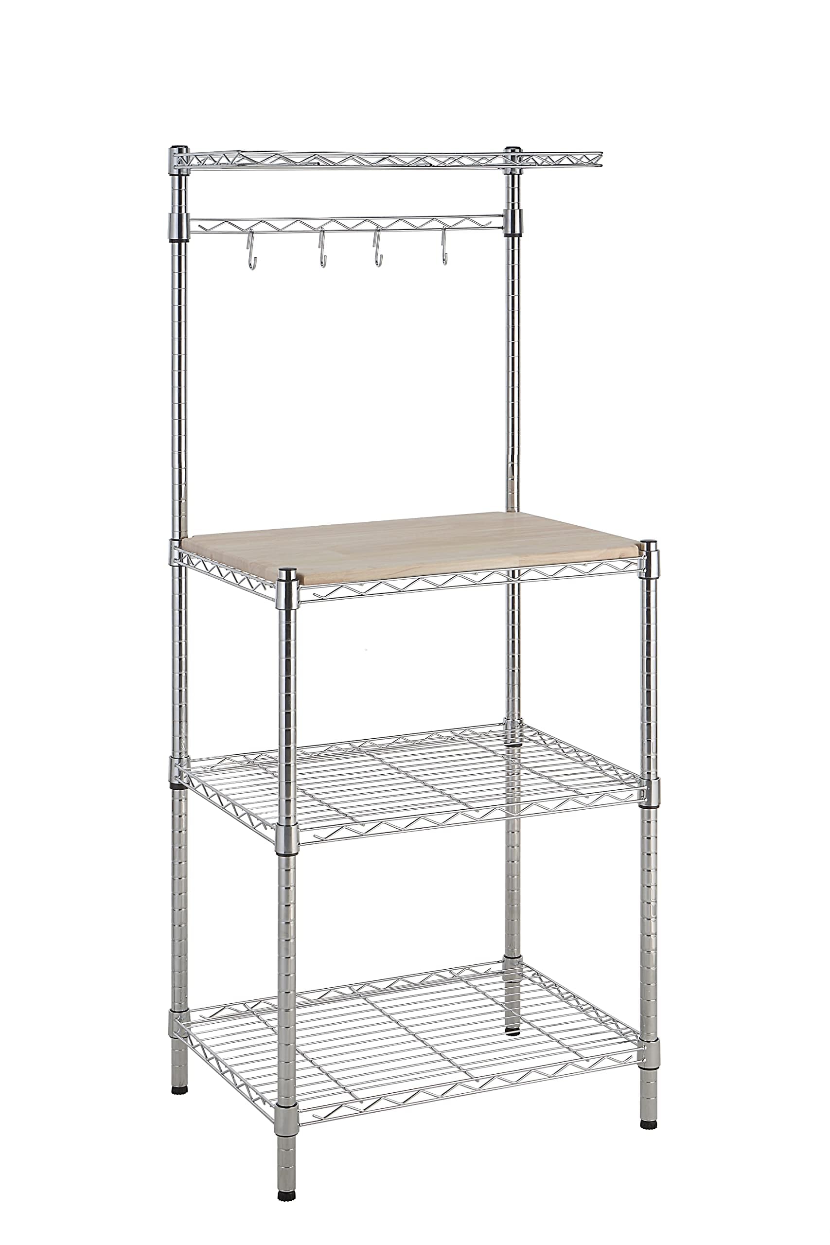 Amazon Basics baker's rack with wood top shows a sturdy chrome frame for prep and storage.