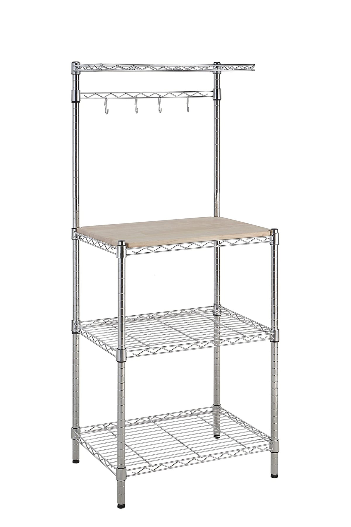 Amazon Basics baker's rack with wood top shows a sturdy chrome frame for prep and storage.