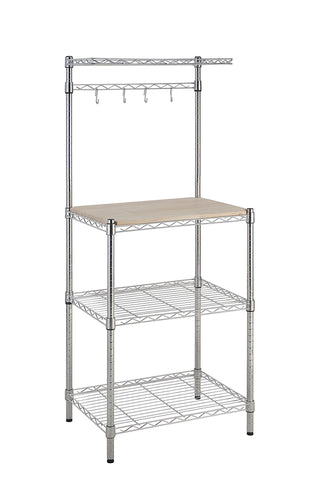 Amazon Basics baker's rack with wood top shows a sturdy chrome frame for prep and storage.