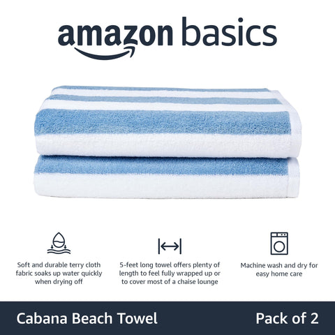 Amazon Basics beach towel absorbent 100% cotton soft and durable for everyday use.