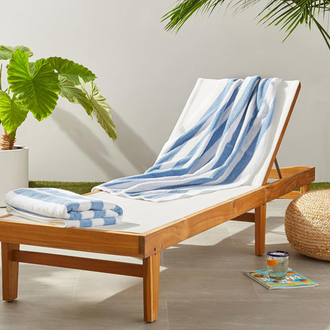 Amazon Basics beach towel sky blue cabana stripe, highly absorbent for quick-dry beach days.