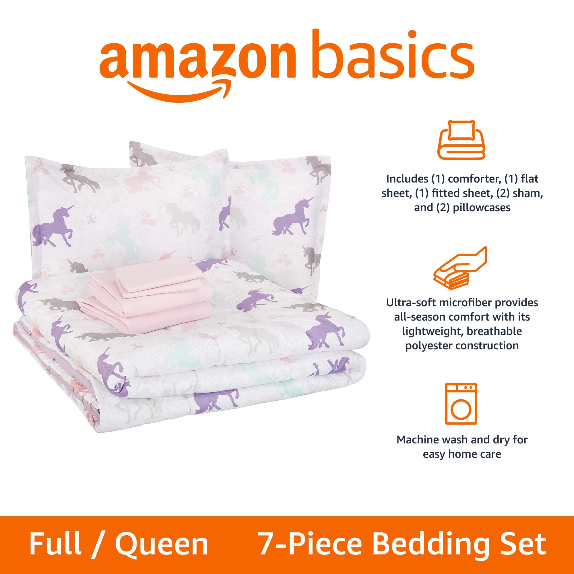 Amazon Basics bed-in-a-bag flat sheet highlights full/queen size coverage