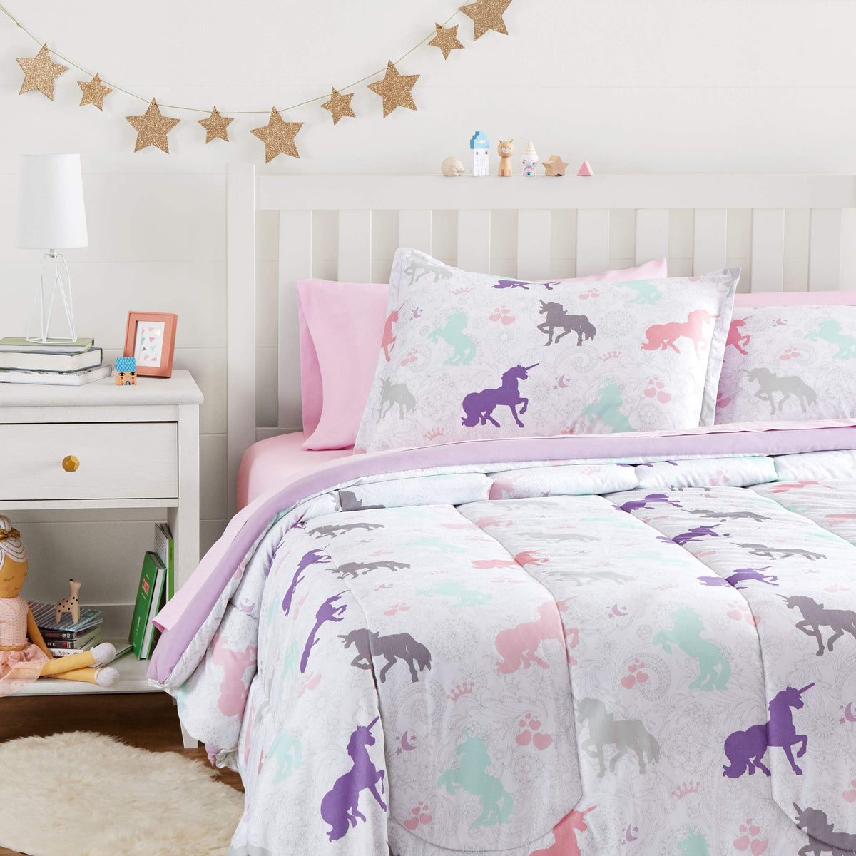 Amazon Basics bed-in-a-bag unicorns comforter shows soft microfiber warmth for kids