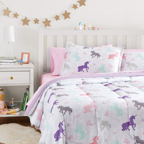 Amazon Basics bed-in-a-bag unicorns comforter shows soft microfiber warmth for kids