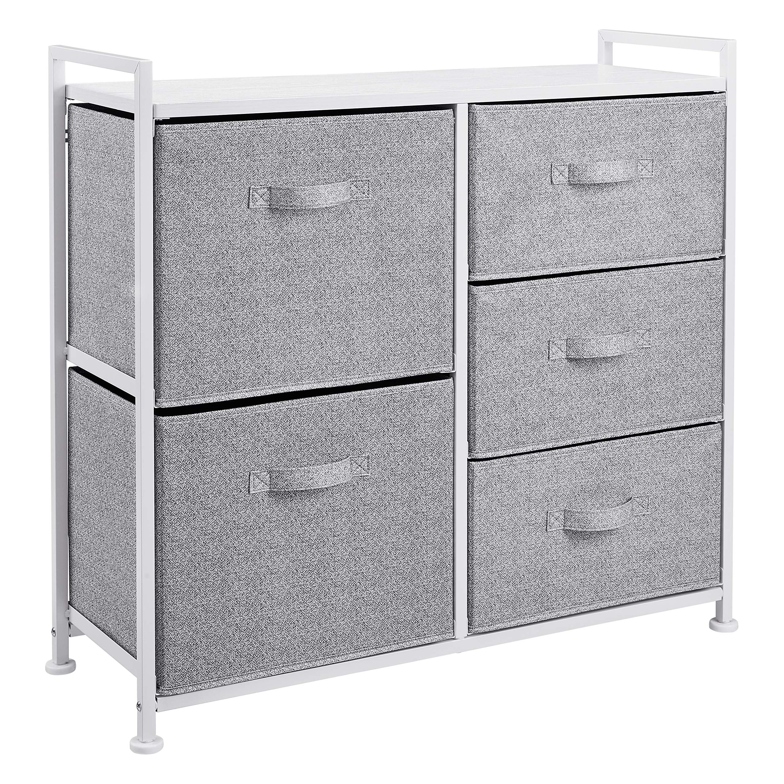Amazon Basics closet organizer in white with five fabric drawers for tidy clothes storage.