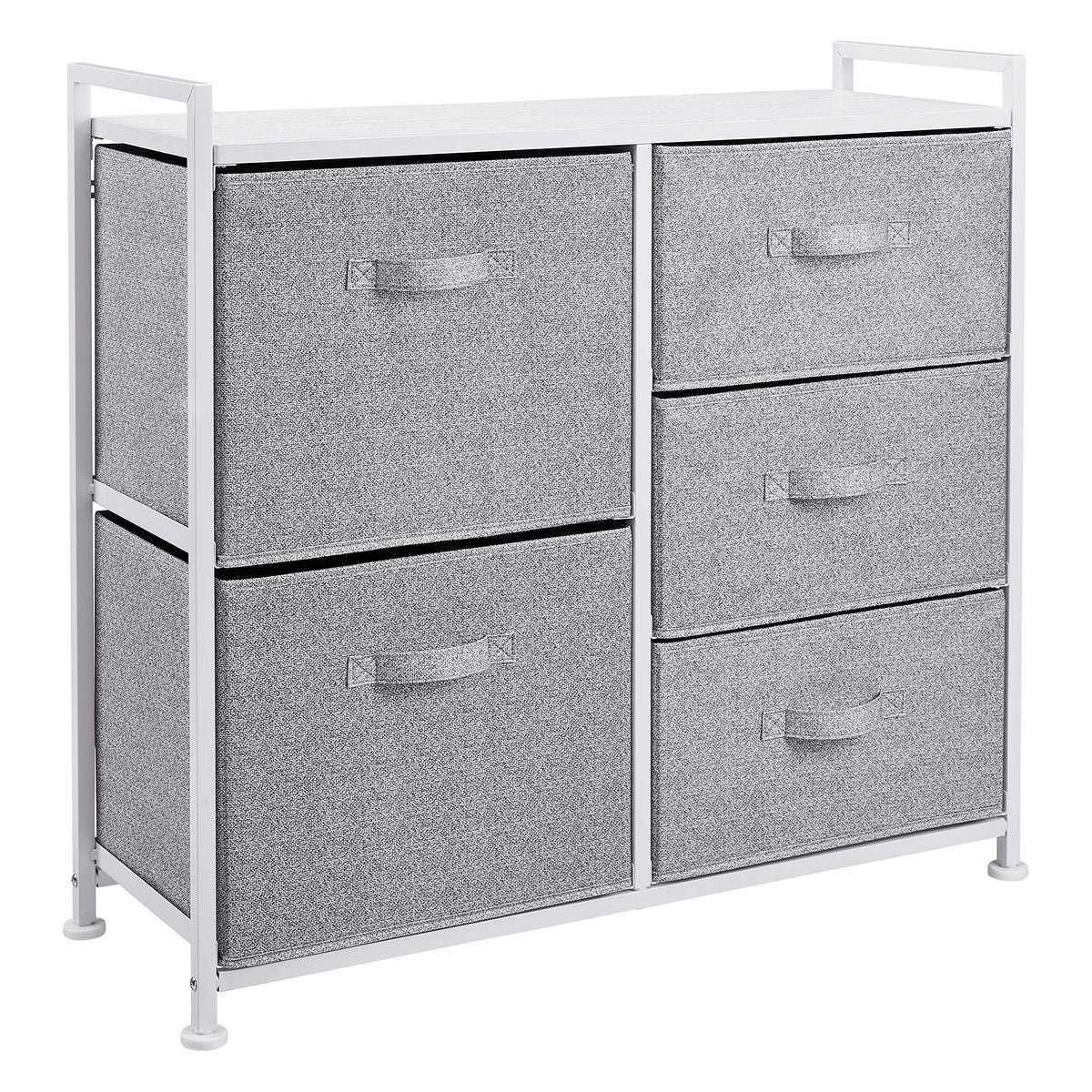 Amazon Basics closet organizer in white with five fabric drawers for tidy clothes storage.