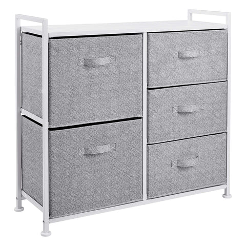 Amazon Basics closet organizer in white with five fabric drawers for tidy clothes storage.