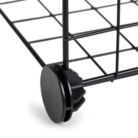Amazon Basics black metal shelving unit shows a sturdy, expandable storage system.