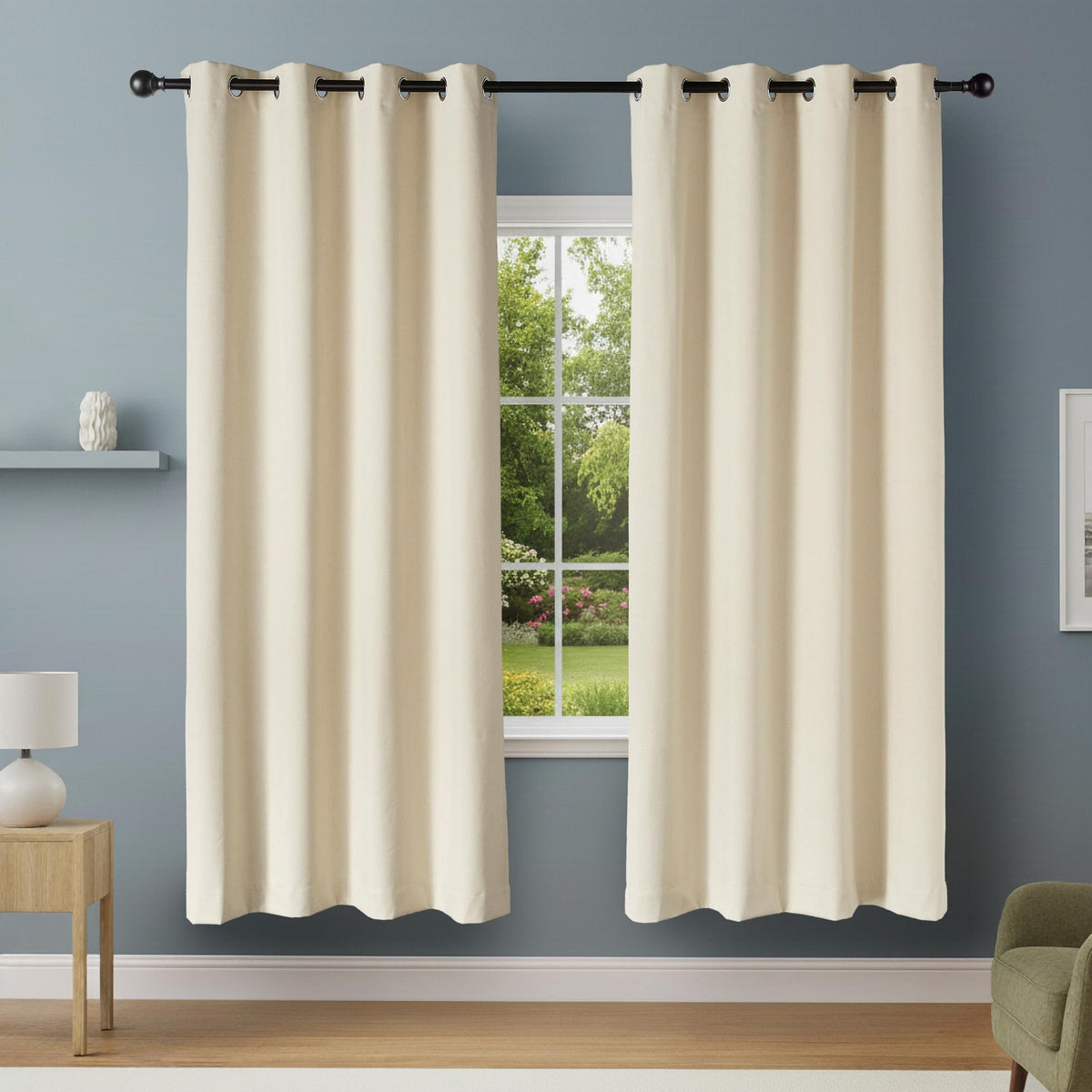 Amazon Basics blackout curtains beige 52x84 panel blocking sunlight and adding privacy