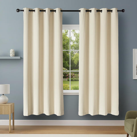 Amazon Basics blackout curtains beige 52x84 panel blocking sunlight and adding privacy