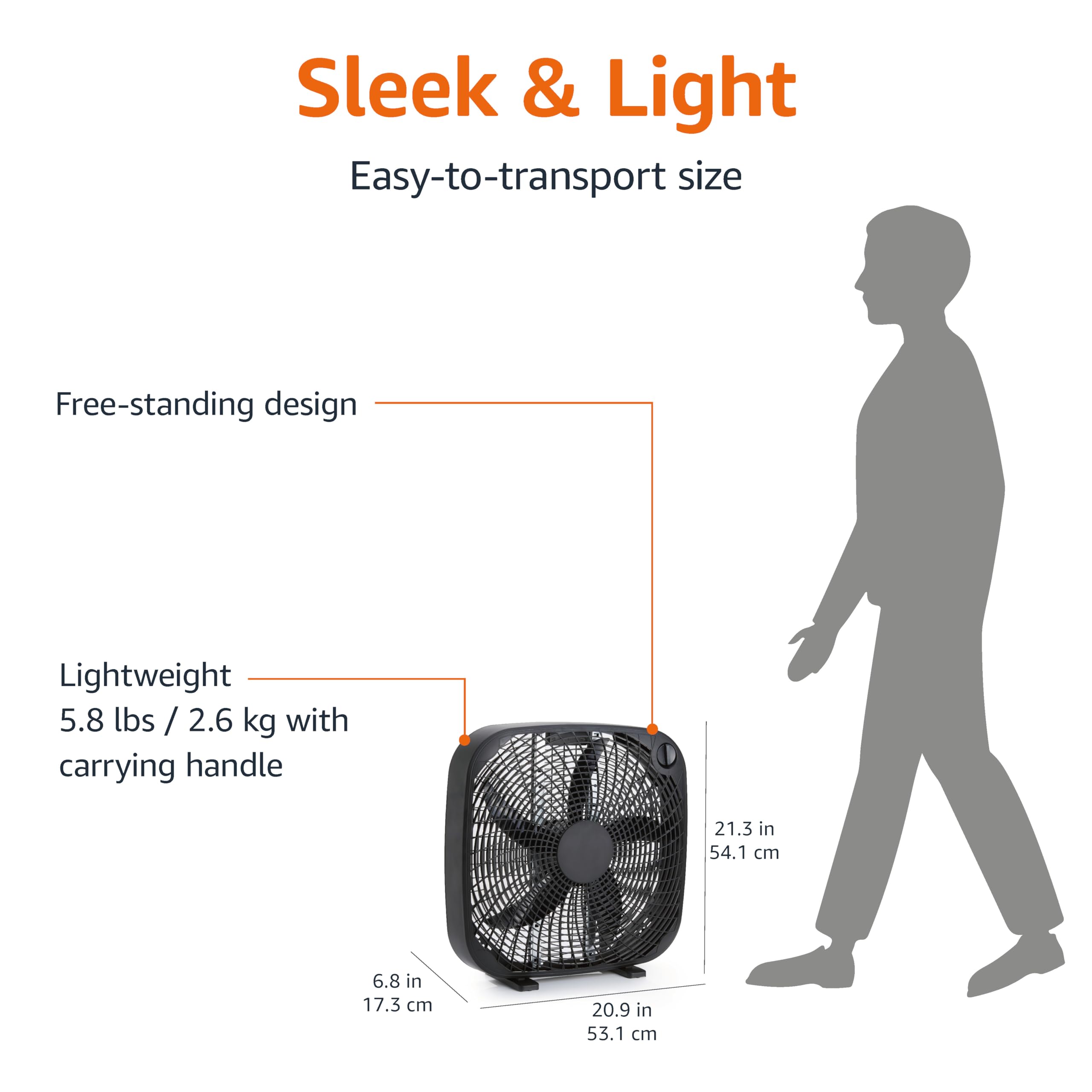 Amazon Basics box fan five-blade design for balanced airflow in any room.