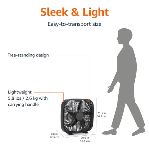 Amazon Basics box fan five-blade design for balanced airflow in any room.