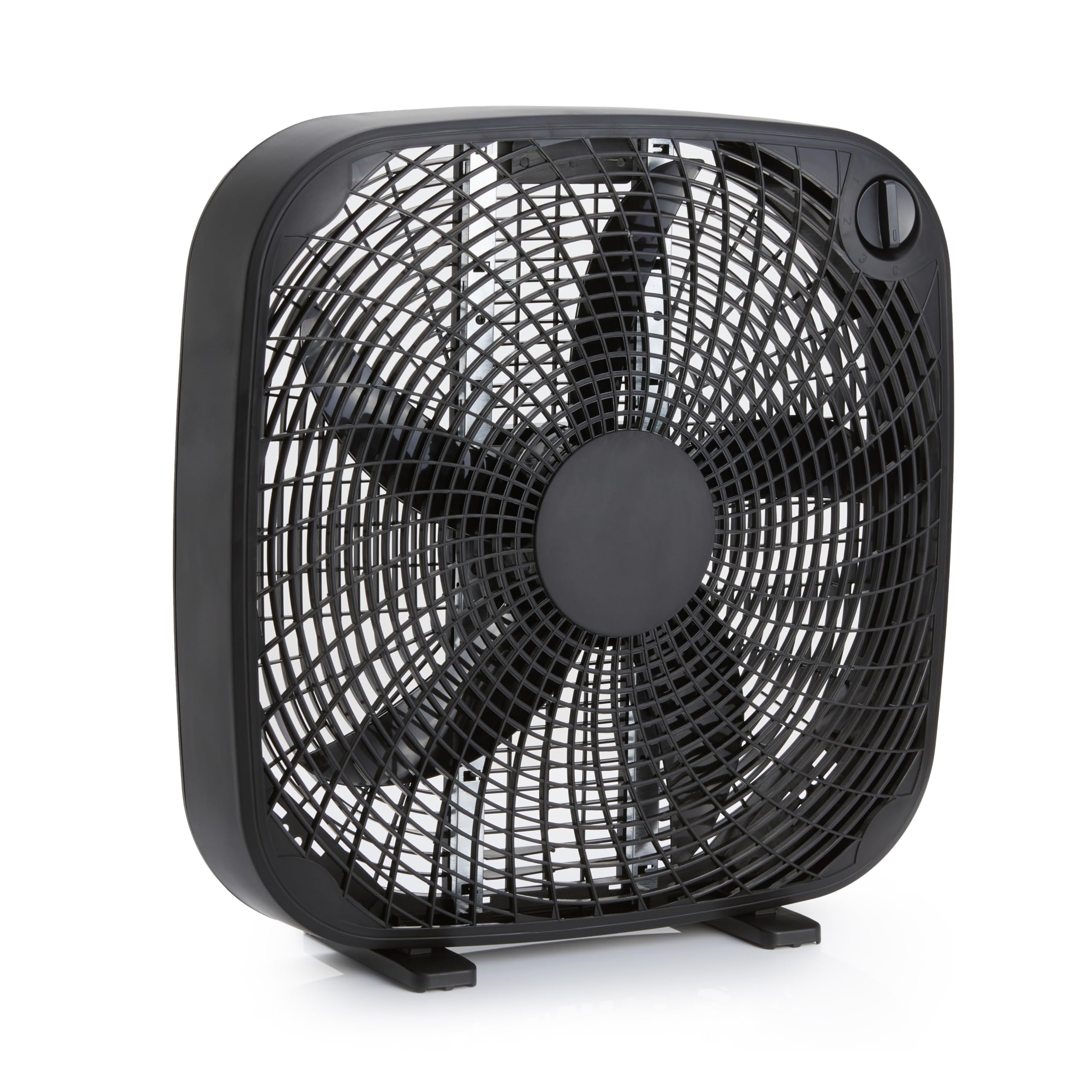 Amazon Basics box fan front view with carry handle for easy room-to-room cooling.