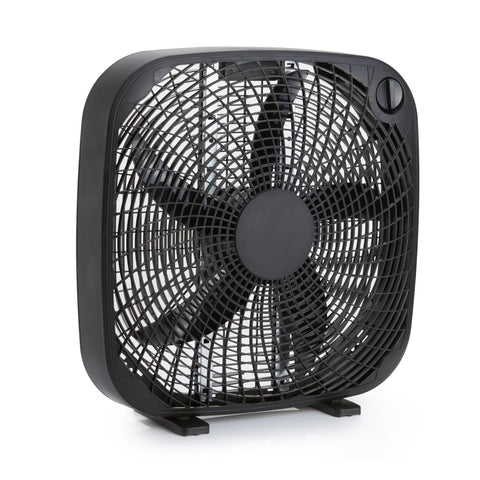 Amazon Basics box fan front view with carry handle for easy room-to-room cooling.