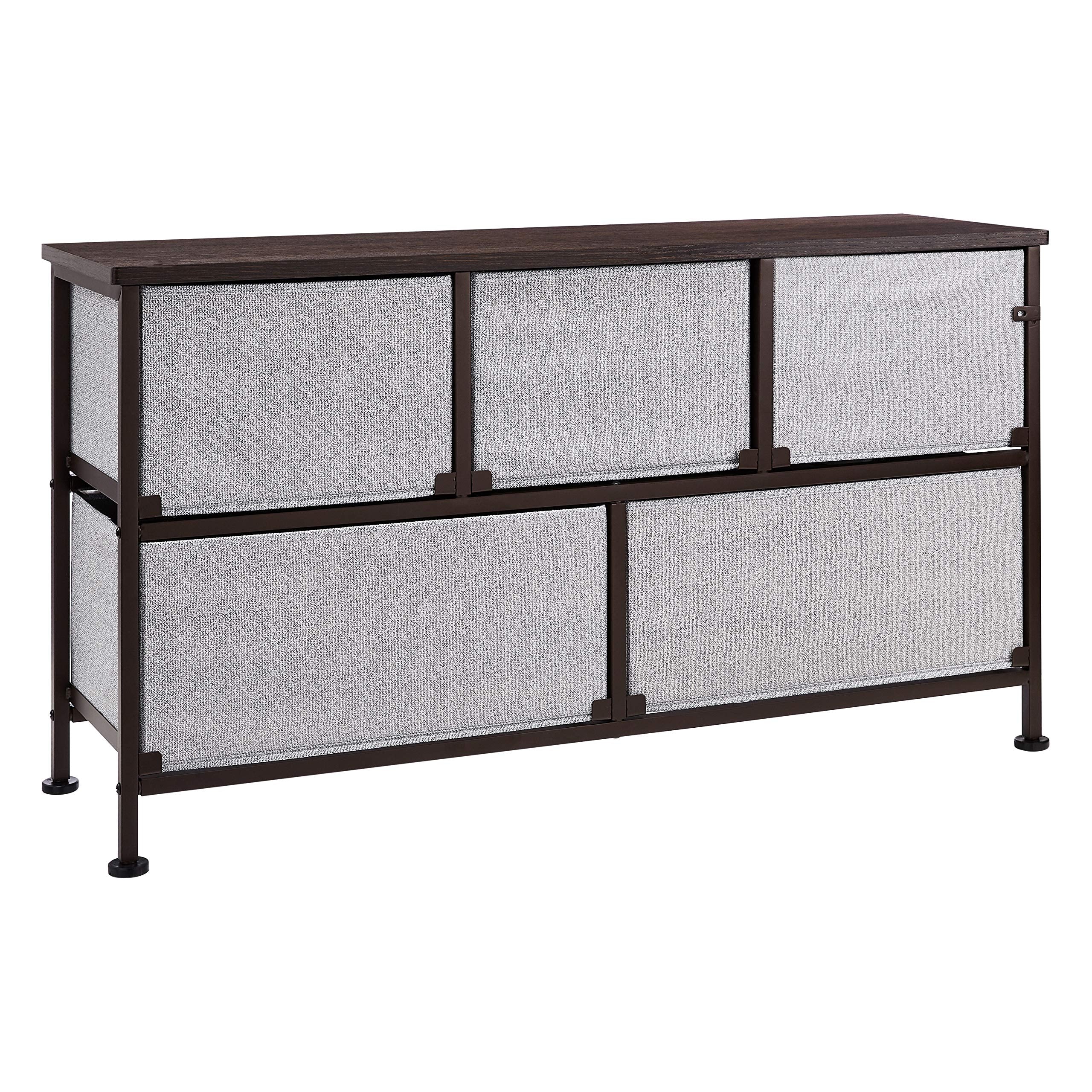 Amazon Basics storage unit with laminated wood top and steel frame for durability.
