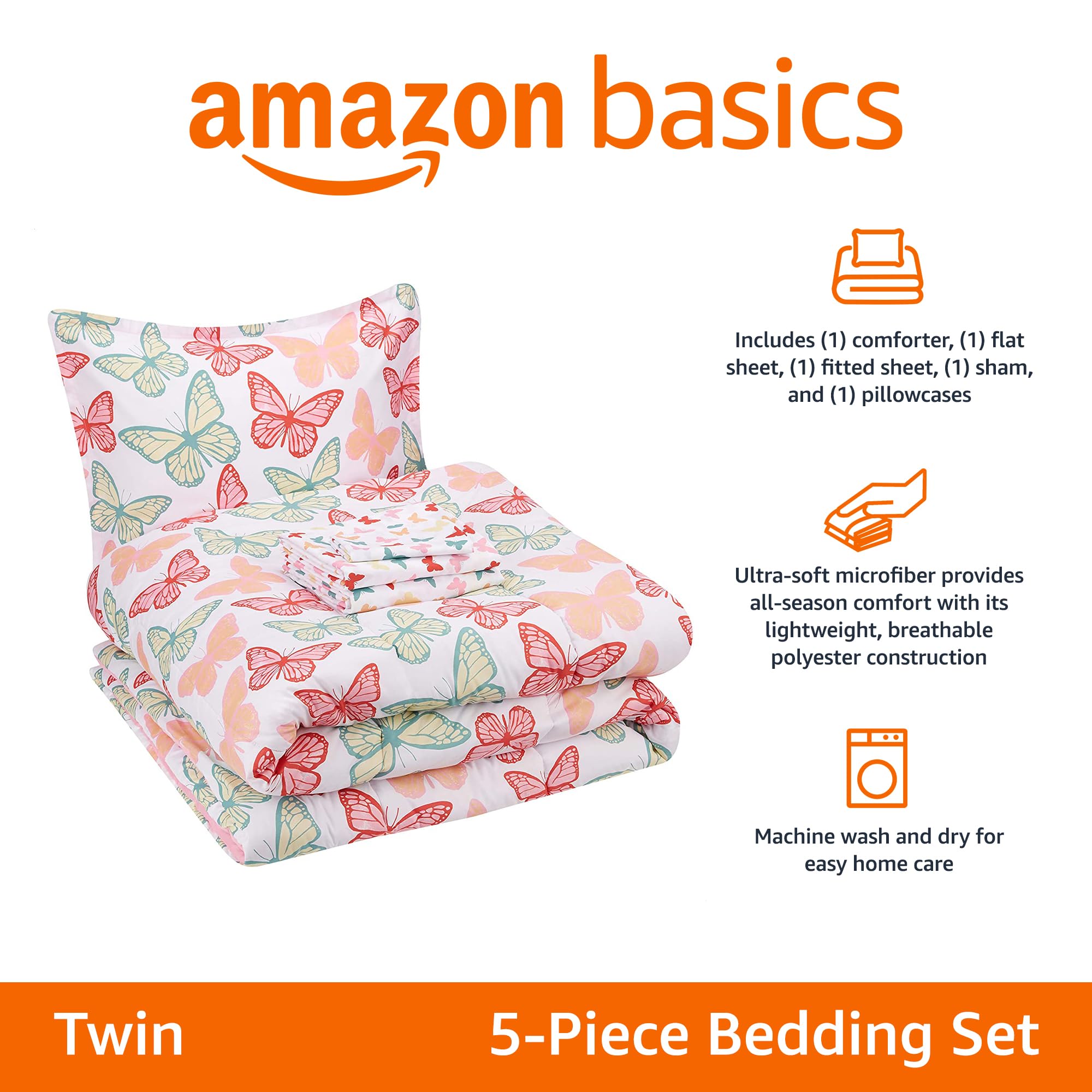 Amazon Basics butterfly skies bed-in-a-bag layout highlighting coordinated sheets and comforter.
